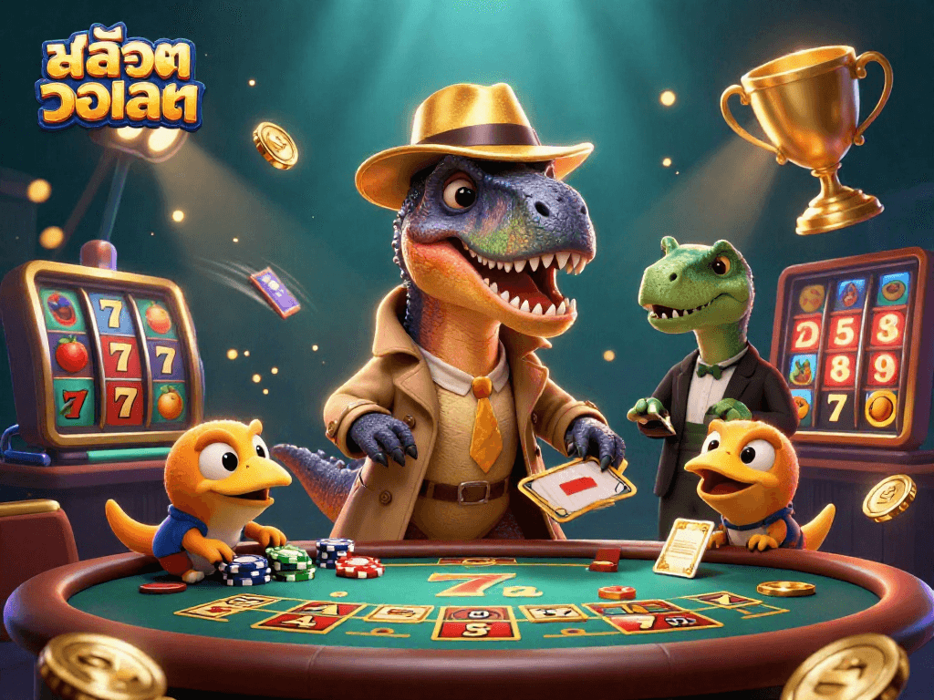 Spin the slot reels with สล็อตวอเลท while a velociraptor card counter and a suspicious pit boss interact at a lively casino scene.