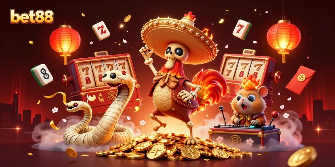Bet88 showcases vibrant gaming dynamics in a lively 3D scene with festive characters celebrating wins.