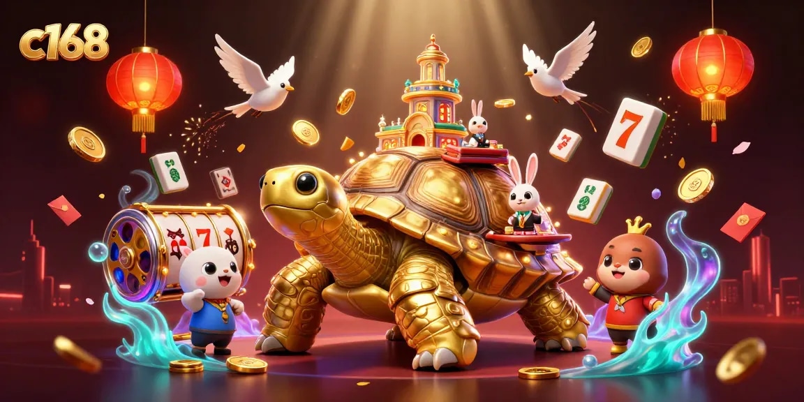 Engage in exciting gameplay at c168 with a giant tortoise casino and a rabbit dealer amidst vibrant 3D elements.