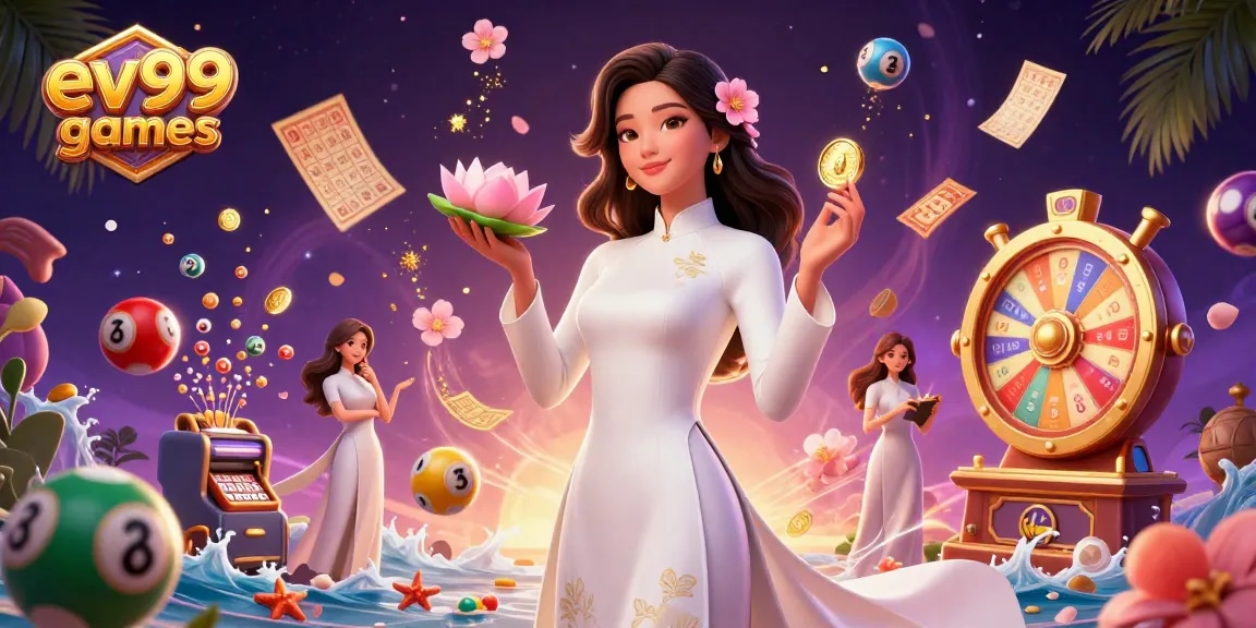 Engage in thrilling ev99 games with a captivating Asian lady amidst vibrant gambling elements.