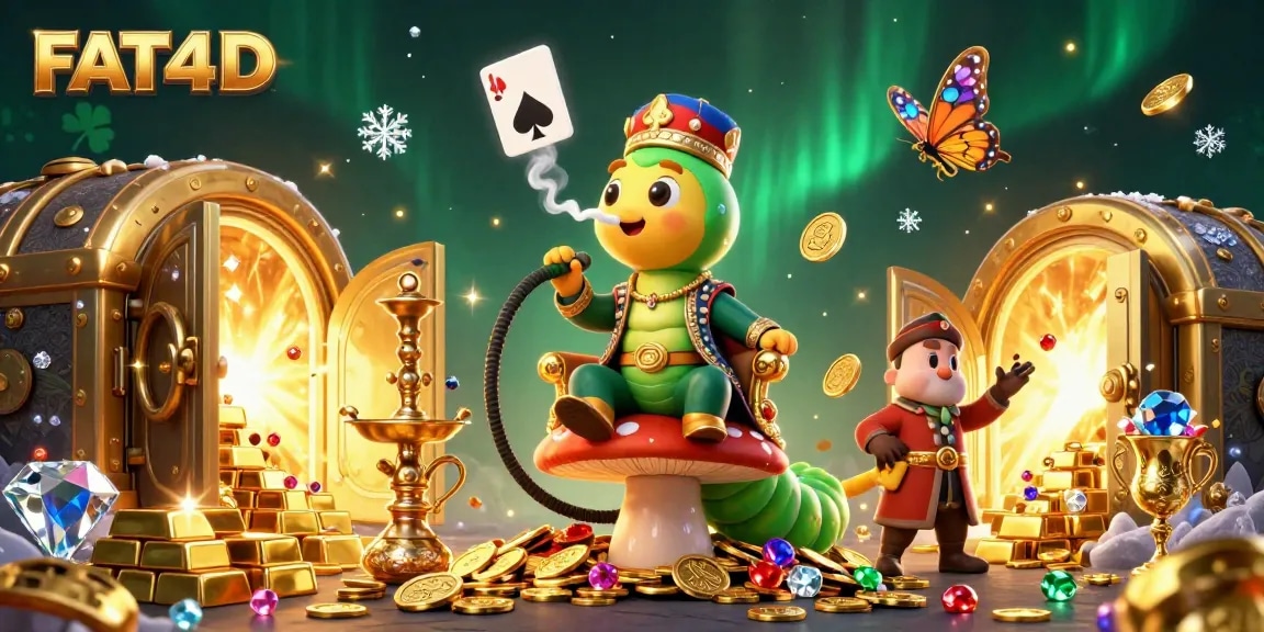 FAT4D features a vibrant casino scene with sparkling treasures and a unique character blowing poker hands.