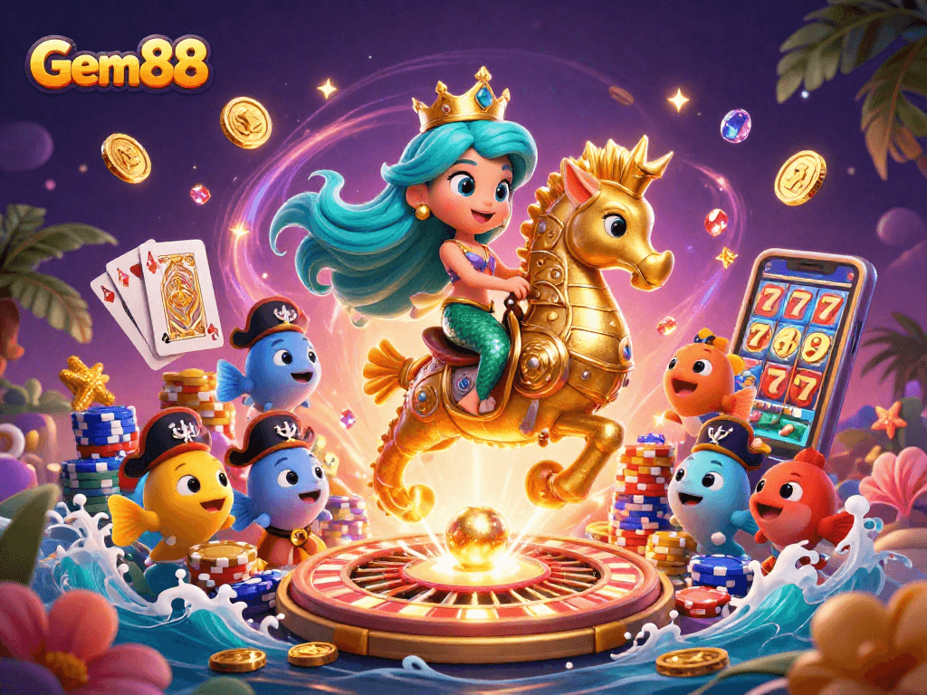 Experience Gem88's vibrant gaming world with a mermaid princess amidst casino treasures.