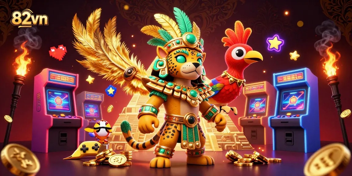 Engage with thrilling cockfighting action at 82vn, featuring vibrant illustrations of dynamic gambling elements.