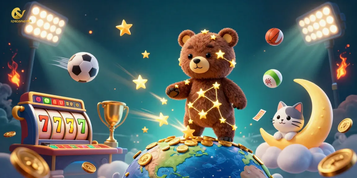 Experience gaming excitement with spaceman88 as a golden constellation bear scoops coins amidst thrilling slot elements.