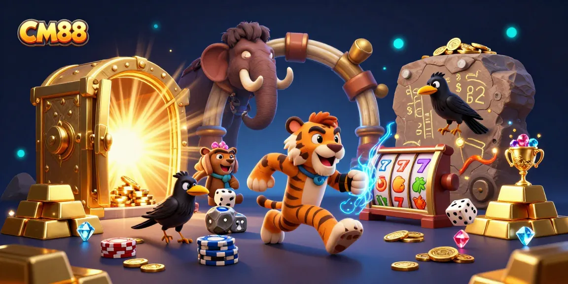 Engage in CM88's vibrant casino experience featuring a dynamic mix of characters and gold elements.
