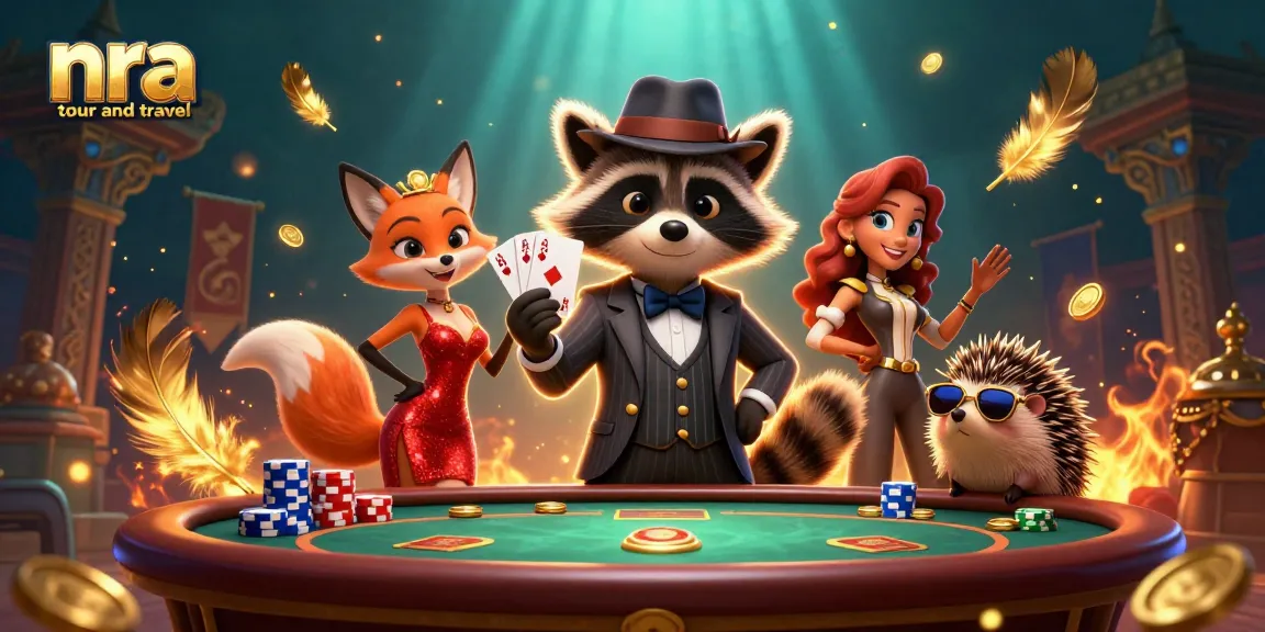Engage in excitement with nra tour and travel, showcasing a suave raccoon and friends at a vibrant poker table.