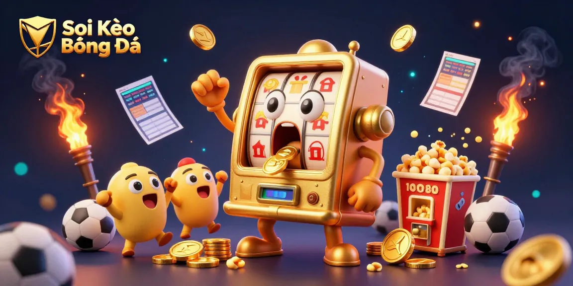 Soi Kèo Bóng Đá showcases a golden slot machine hitting a jackpot amidst cheering baby slots and sports betting elements.