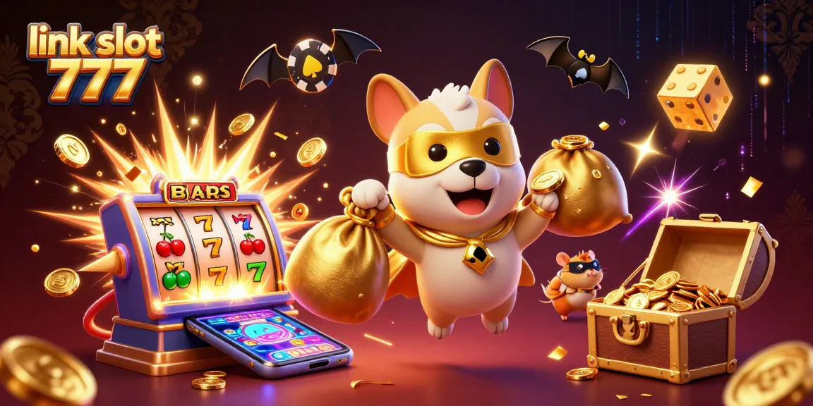 Engage in thrilling gameplay with link slot 777 featuring a cartoon dog superhero, slot machines, and casino excitement.