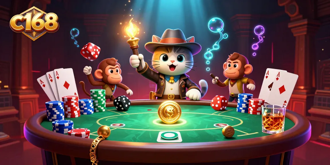 C168 showcases a lively scene with an archaeologist cat and monkey discovering casino treasures while surrounded by poker elements.