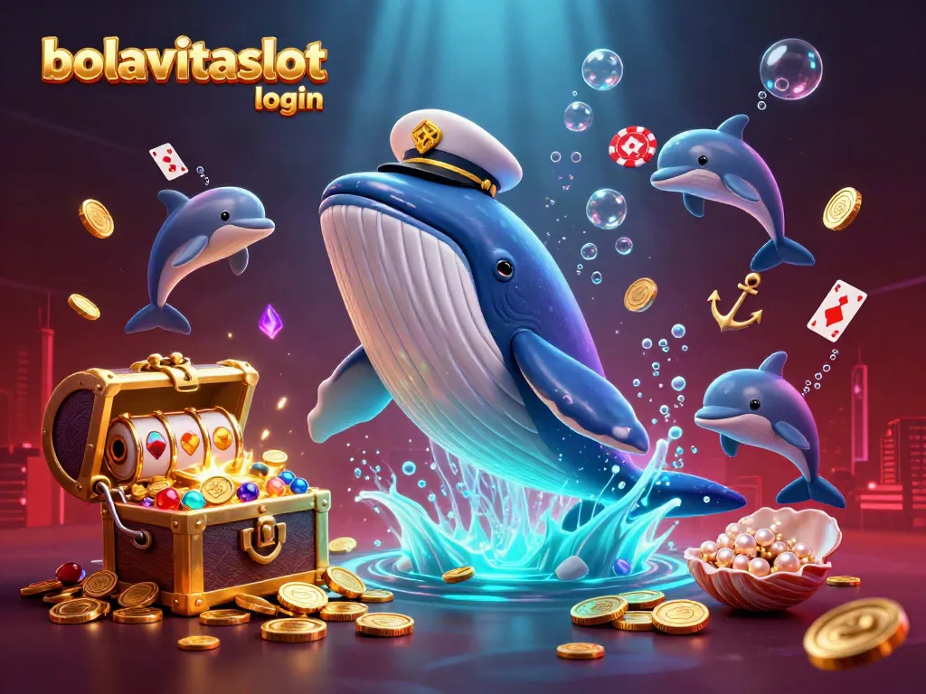 Engaging scene of bolavitaslot login with a giant whale and narwhal amidst slot elements and treasures.