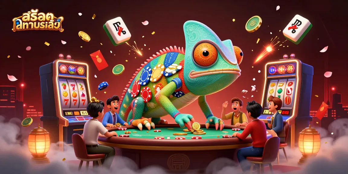 เล่น สล็อตทดลองเล่น กับคาสิโนในภาพ 3D โดยมีตัวละครจิ้งจกสีสันสดใสและสัญลักษณ์สล็อต