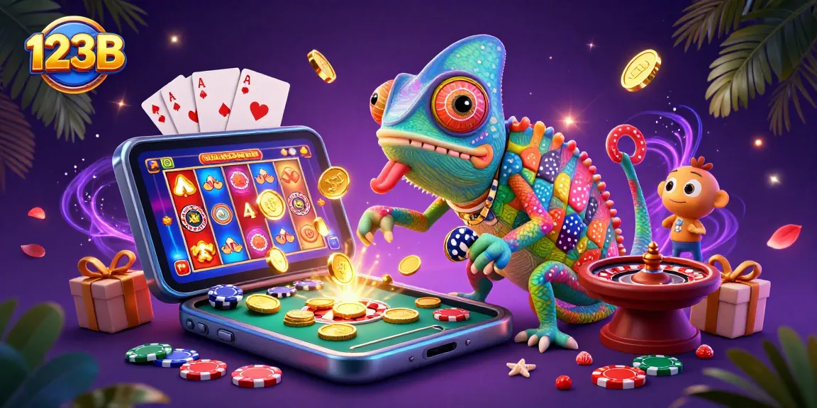 Engage with thrilling 123B casino action as an enormous chameleon collects golden coins amidst vibrant gaming elements.