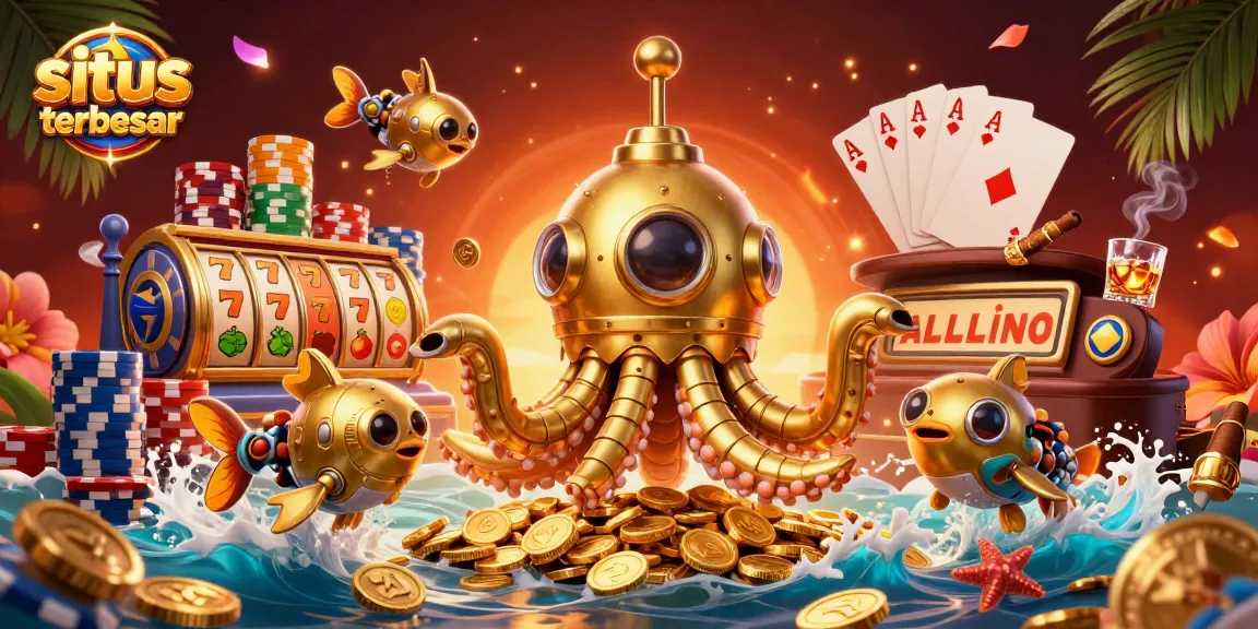Raih kemenangan di situs slot terbesar dengan ilustrasi 3D kraken dan uang emas.