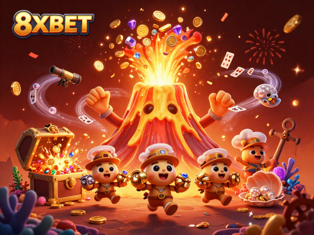 Experience the excitement of 8XBET with golden treasures and vibrant casino elements in this dynamic scene.