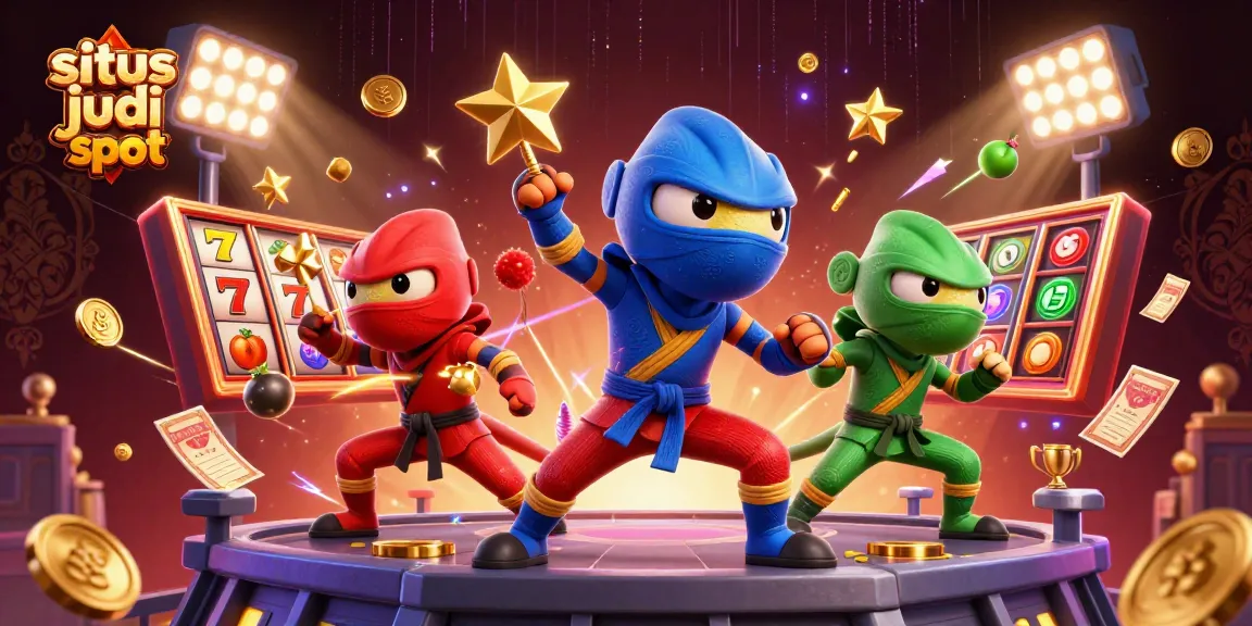 Menghadirkan situs judi slot, ninja chameleon melakukan seni bela diri di latar kasino yang megah.