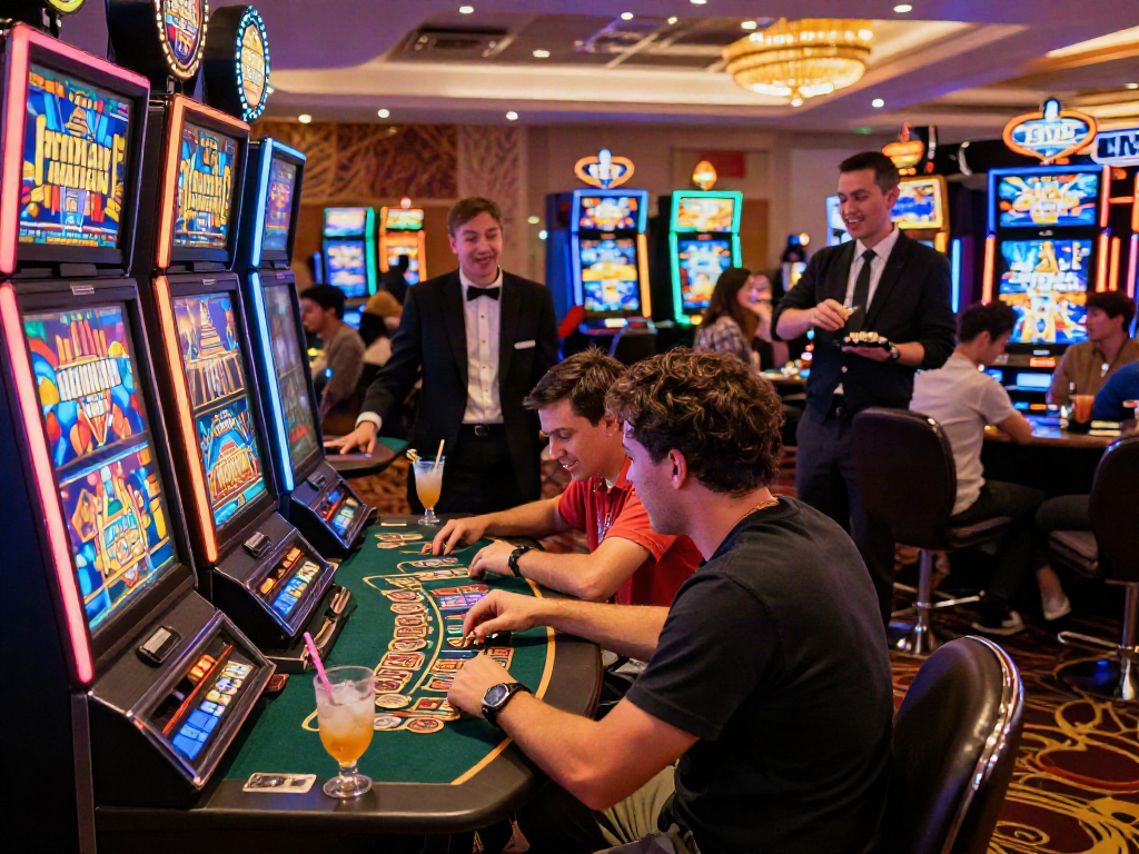 Experience the thrill of slot depo 10k gaming with players winning at vibrant slot machines.
