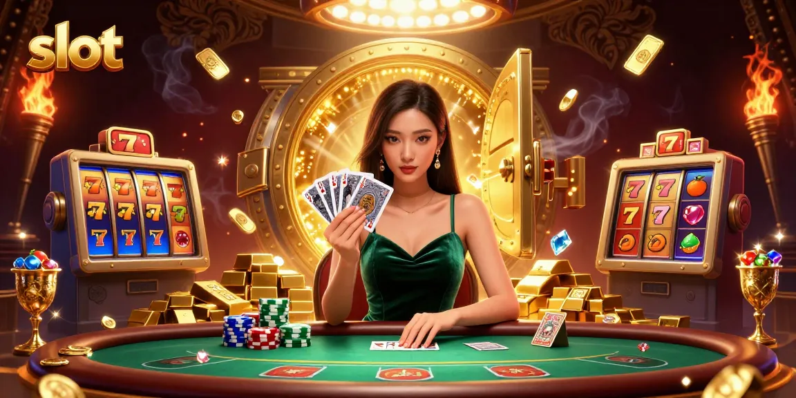 Experience captivating slot action with a stunning Asian dealer in luxury casino setting.