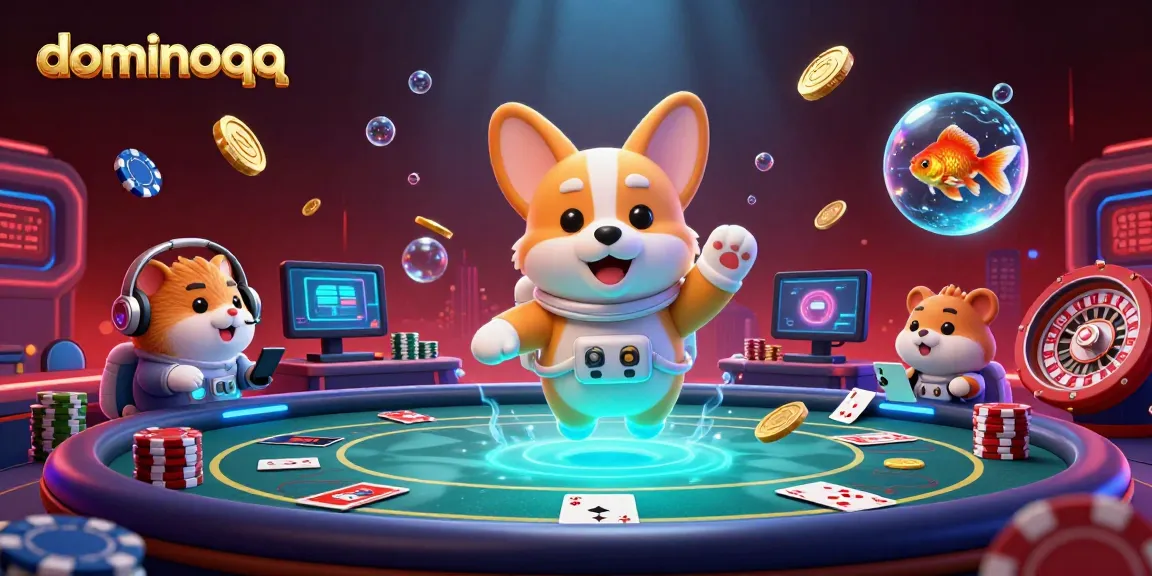 Experience the excitement of dominoqq with a vibrant casino scene featuring floating characters and gaming elements.