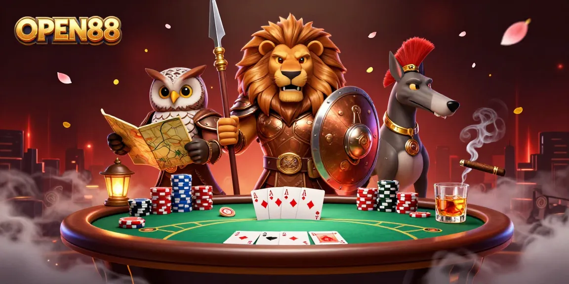 Play at OPEN88 and discover thrilling poker strategies with a vibrant 3D scene featuring dynamic characters and casino elements.