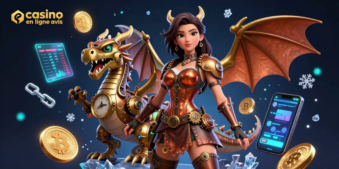 Interagissez avec les avis de casino en ligne dans cette riche illustration 3D mettant en scène des personnages steampunk et des éléments crypto.