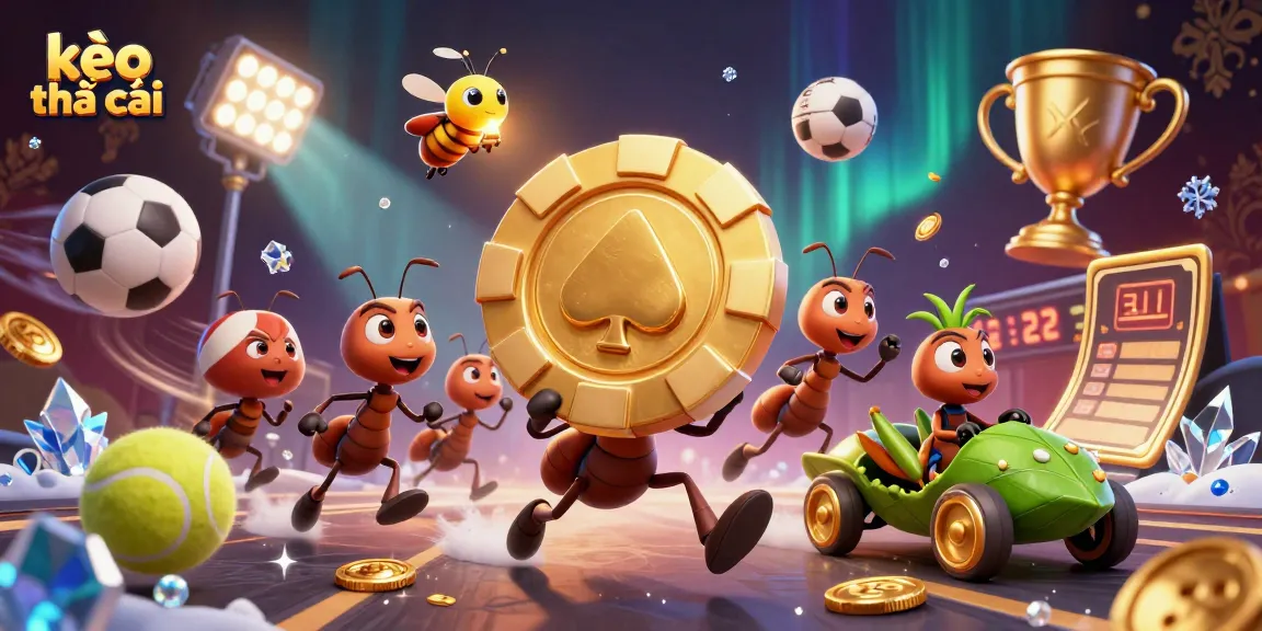 Experience exciting betting with kèo nhà cái as cartoon ants carry a giant poker chip in a vibrant scene.