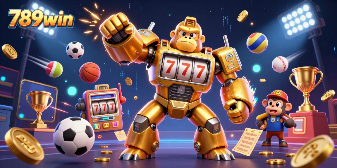 Experience exciting wins with 789win, featuring a golden gorilla mech and dynamic sports elements.