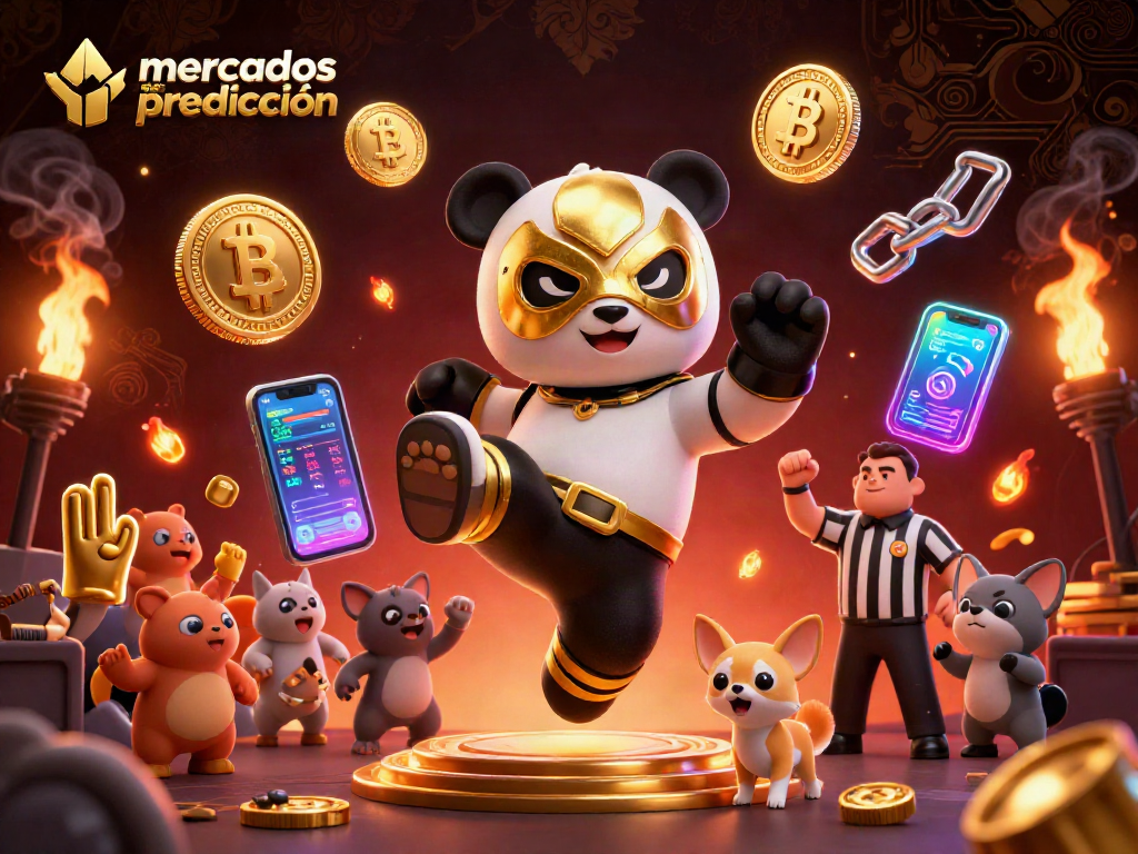 Experience dynamic mercados de predicción action with a flamboyant wrestling panda surrounded by crypto elements.