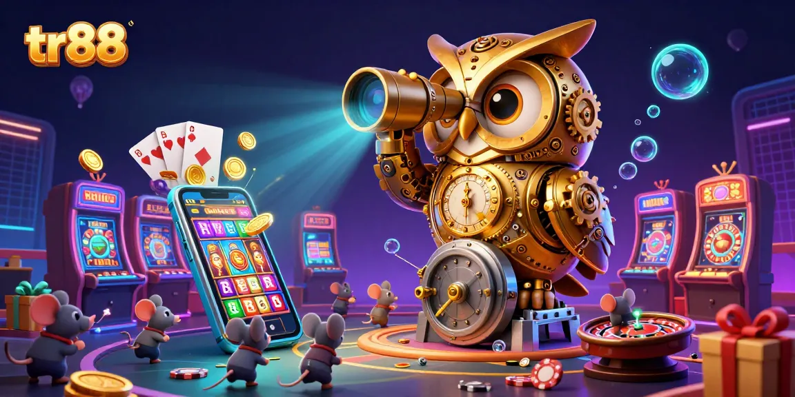 Engage with tr88’s vibrant casino scene featuring a golden owl, slot machines, and joyful mouse patrons.