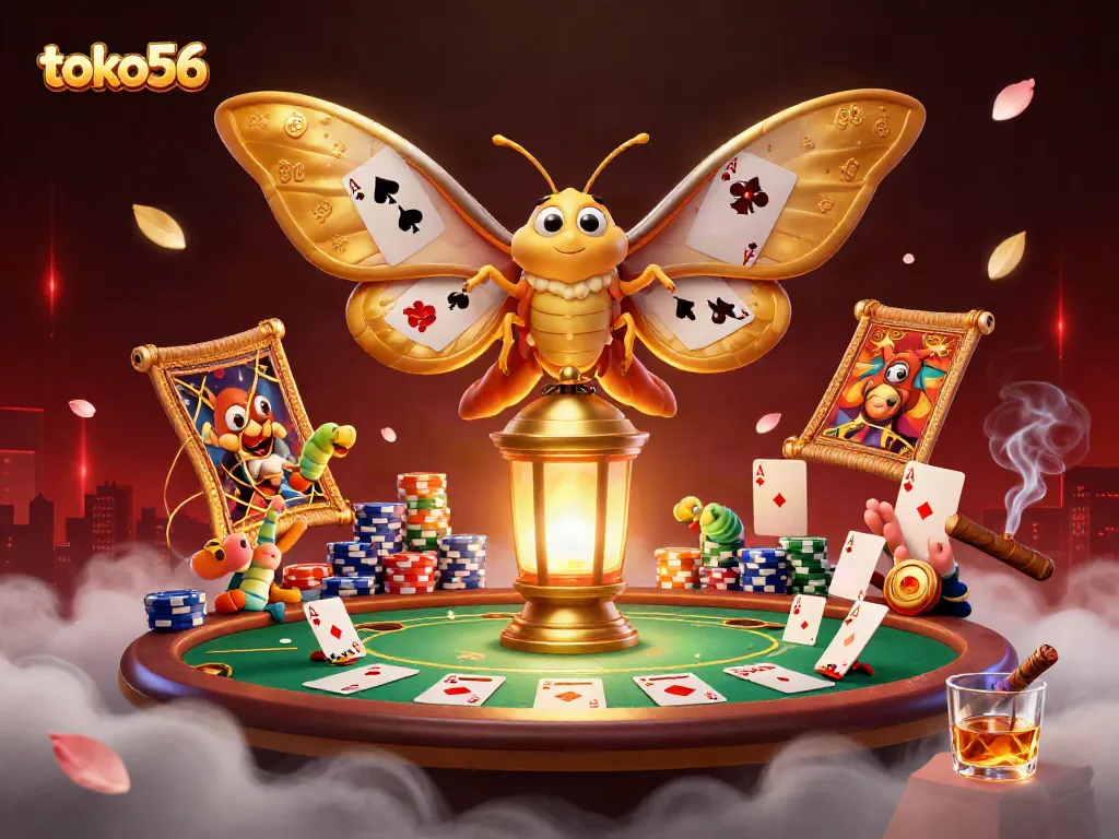 Toko56 menarik pemain dengan ilustrasi 3D kasino yang dramatis, menampilkan kupu-kupu, meja poker, dan elemen permainan.