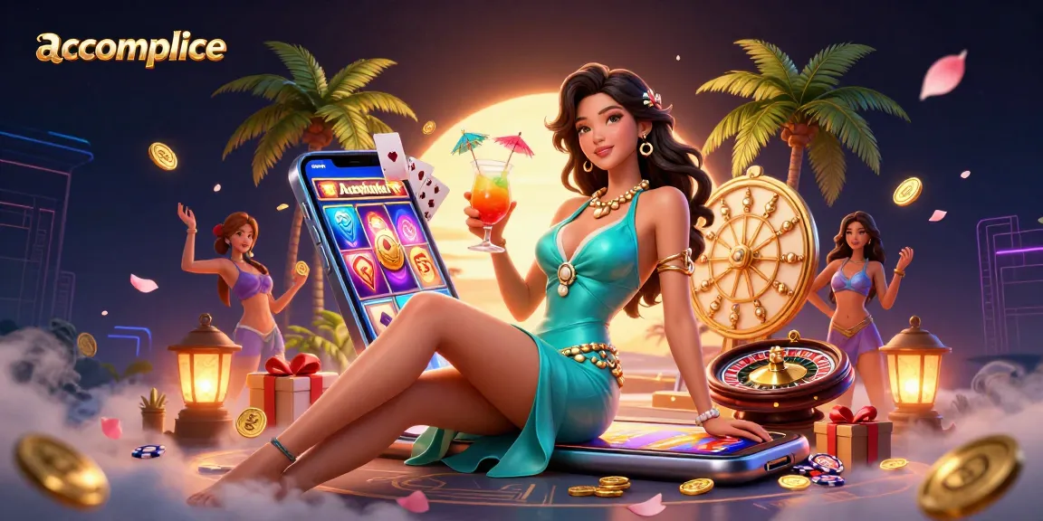 Play thrilling slot games with accomplice at a tropical casino, featuring vibrant characters and dynamic elements.