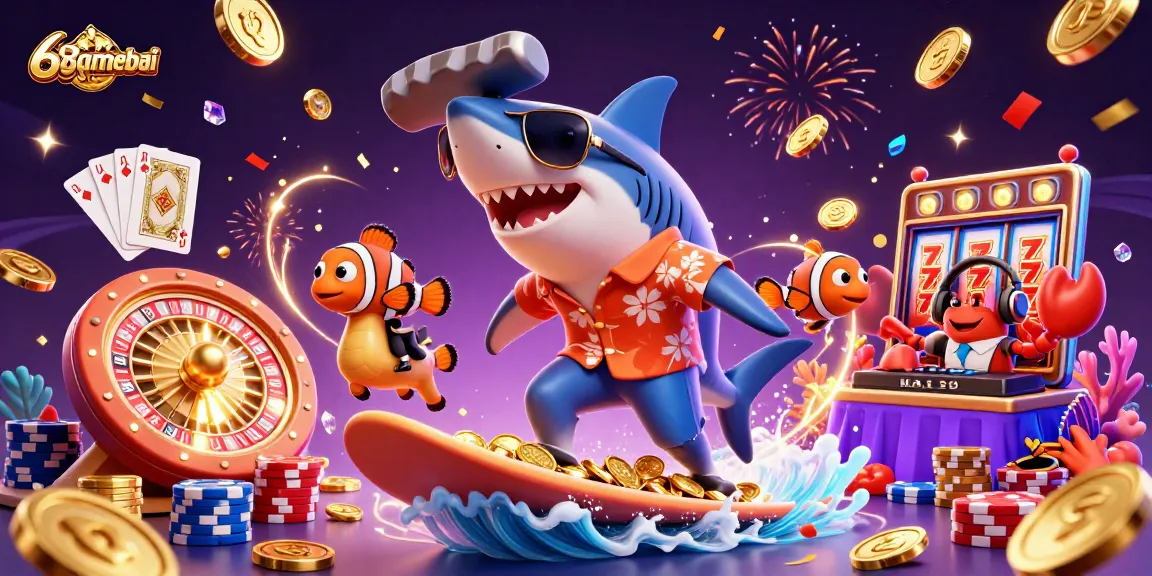 Surf the waves of fortune with 68gamebai's vibrant casino adventure illustration.