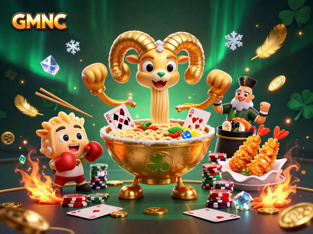 Engage with GMNC in a vibrant casino scene featuring a giant ramen bowl dealer.