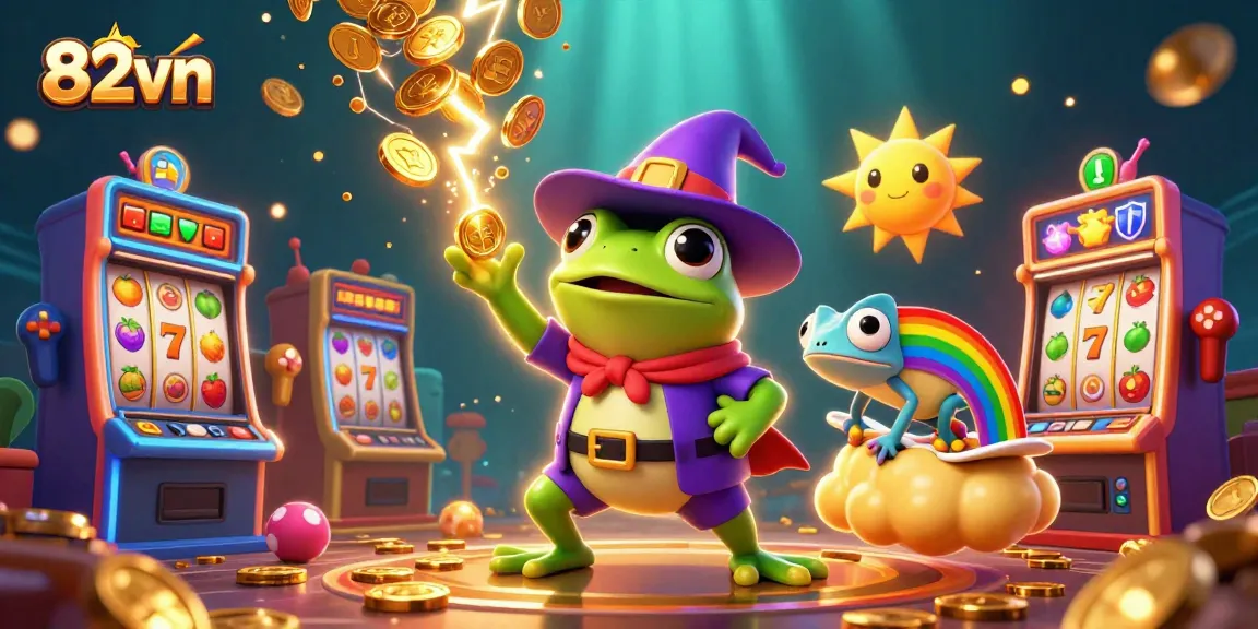 Experience jackpot thrills with 82vn's cartoon-style illustration of magical creatures amidst casino gold