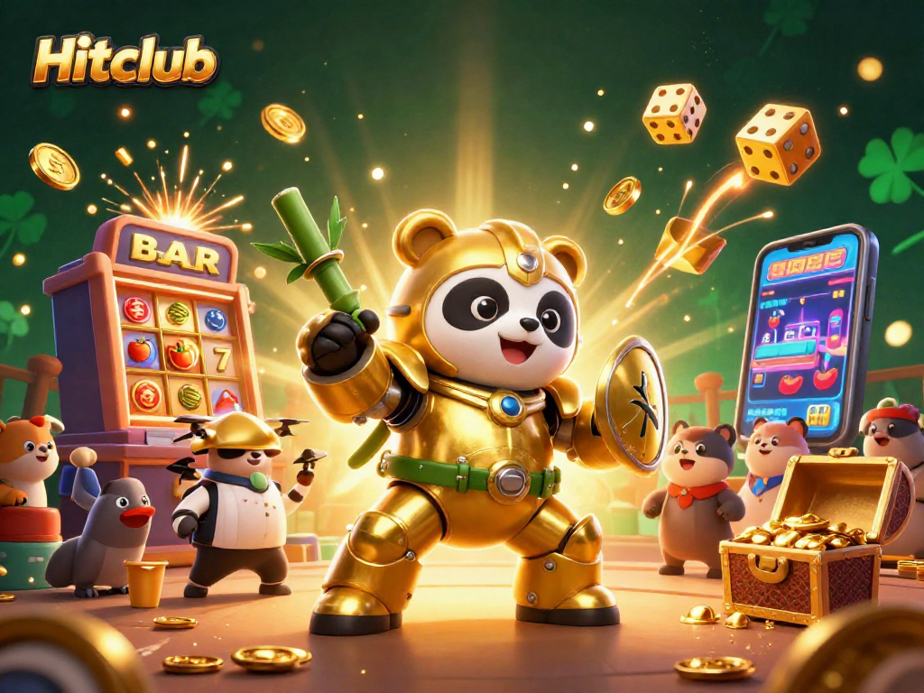 Hitclub showcases a vibrant casino scene with a golden panda piloting a robot amidst a jackpot explosion.