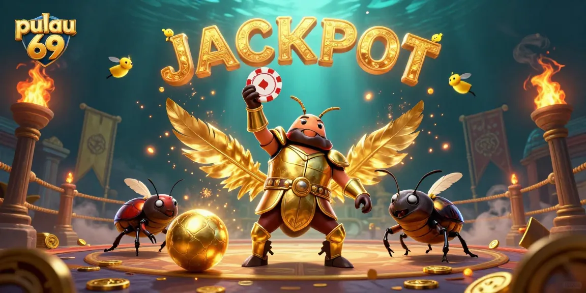 The pulau 69 scene illustrates a victorious beetle in gladiator armor celebrating a jackpot, enriching the gambling experience.