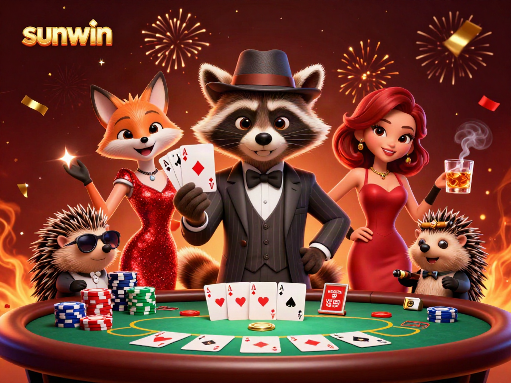 Experience thrilling gameplay at sunwin with a raccoon holding a royal flush at a vibrant poker table.
