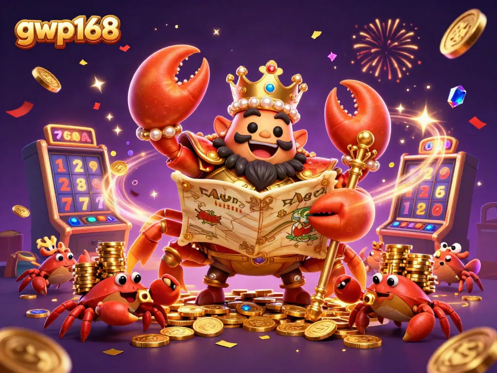 Gaya kartun yang dipenuhi elemen taruhan, menggambarkan gwp168 dengan elemen slot dan harta karun yang mengesankan.