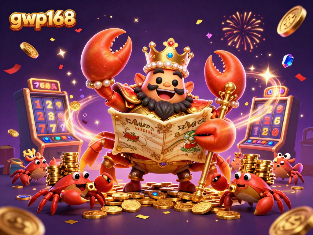 Gaya kartun yang dipenuhi elemen taruhan, menggambarkan gwp168 dengan elemen slot dan harta karun yang mengesankan.