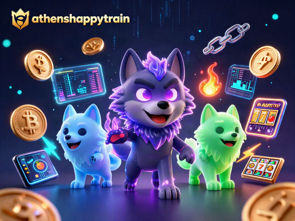Experience the excitement of athenshappytrain's gaming world with vivid crypto-inspired visuals.