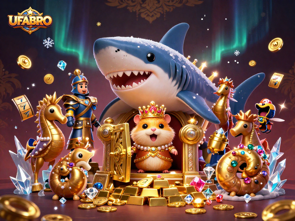 Bet on UFABRO, with golden hamster king and dazzling treasures in an elaborate casino scene.