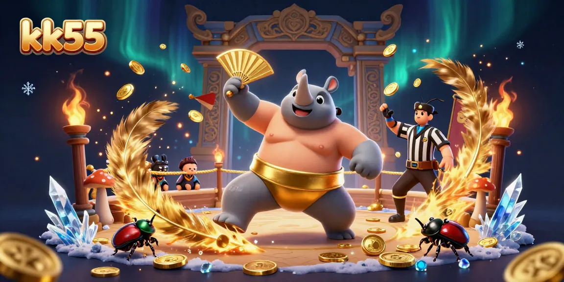 Experience thrilling action with the kk55 rhinoceros beetle sumo champion amid gleaming coins and vibrant casino elements.