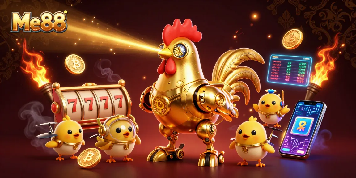 Play vibrant slot games at Me88 with a golden rooster robot and crypto symbols.