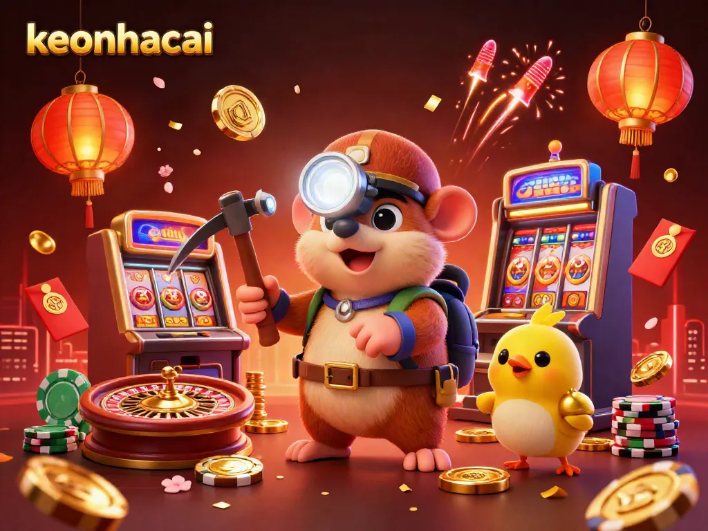 Experience keonhacai excitement with a vibrant casino scene showcasing a treasure hunter and lucky canary.