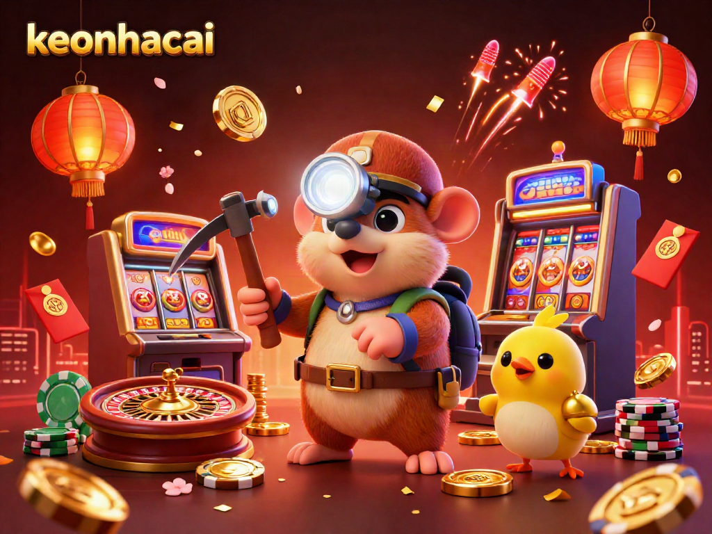 Experience keonhacai excitement with a vibrant casino scene showcasing a treasure hunter and lucky canary.