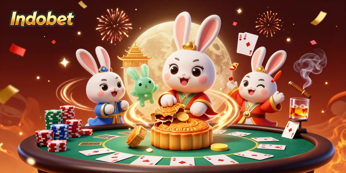 Indobet menghadirkan suasana kasino dengan kelinci bulan dan chip poker dalam adegan meriah.