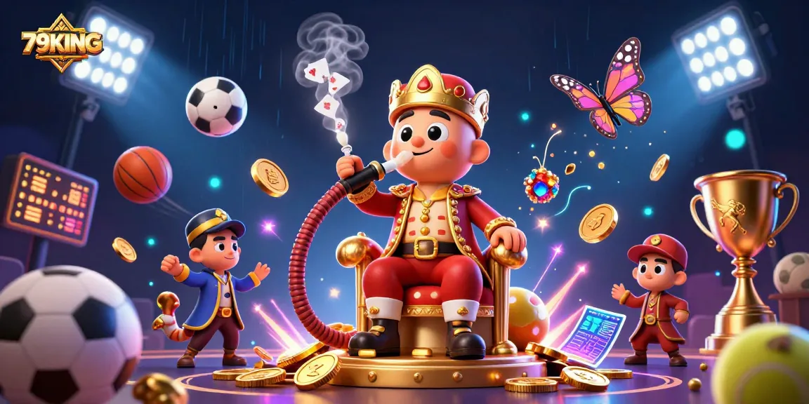 Experience 79KING with a vibrant 3D illustration showcasing thrilling sports betting symbols.