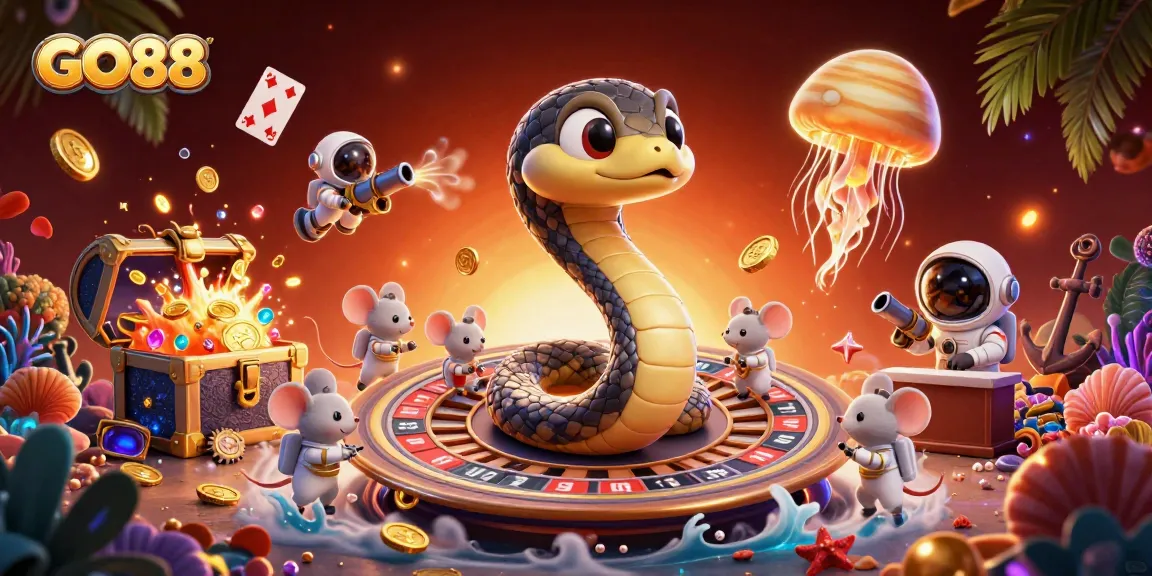 Experience the excitement of GO88 with a 3D casino scene featuring vibrant characters and rich gaming elements.