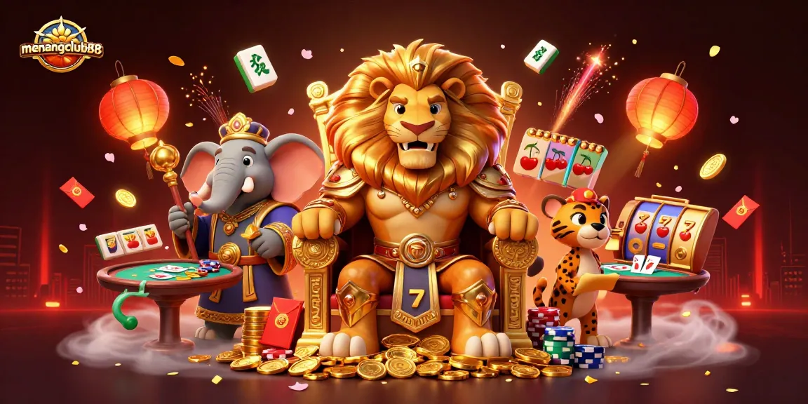 Play standout casino games at menangclub88, featuring a lavish scene with a lion king, elephant, and cheetah.