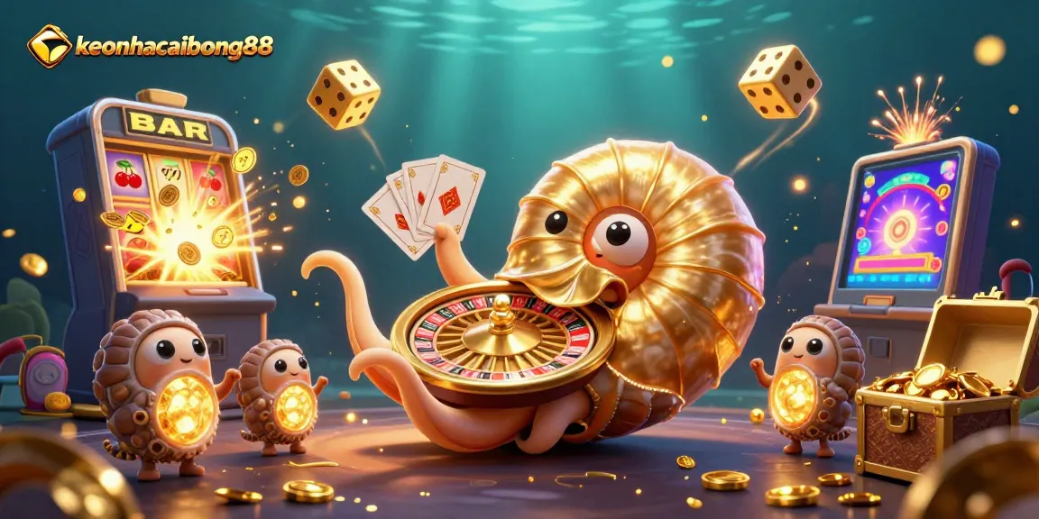 Engage with keonhacaibong88 while enjoying vibrant gameplay with a giant nautilus, slot machines, and golden treasures.