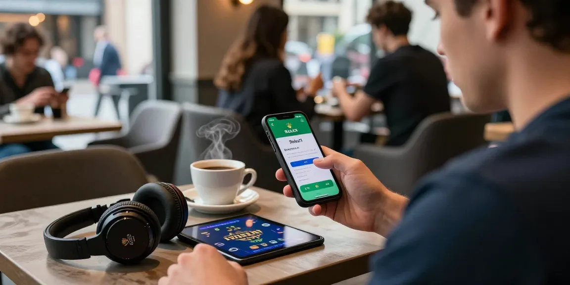 A person using the Rollex 11 app in a modern café, showcasing mobile gaming convenience.